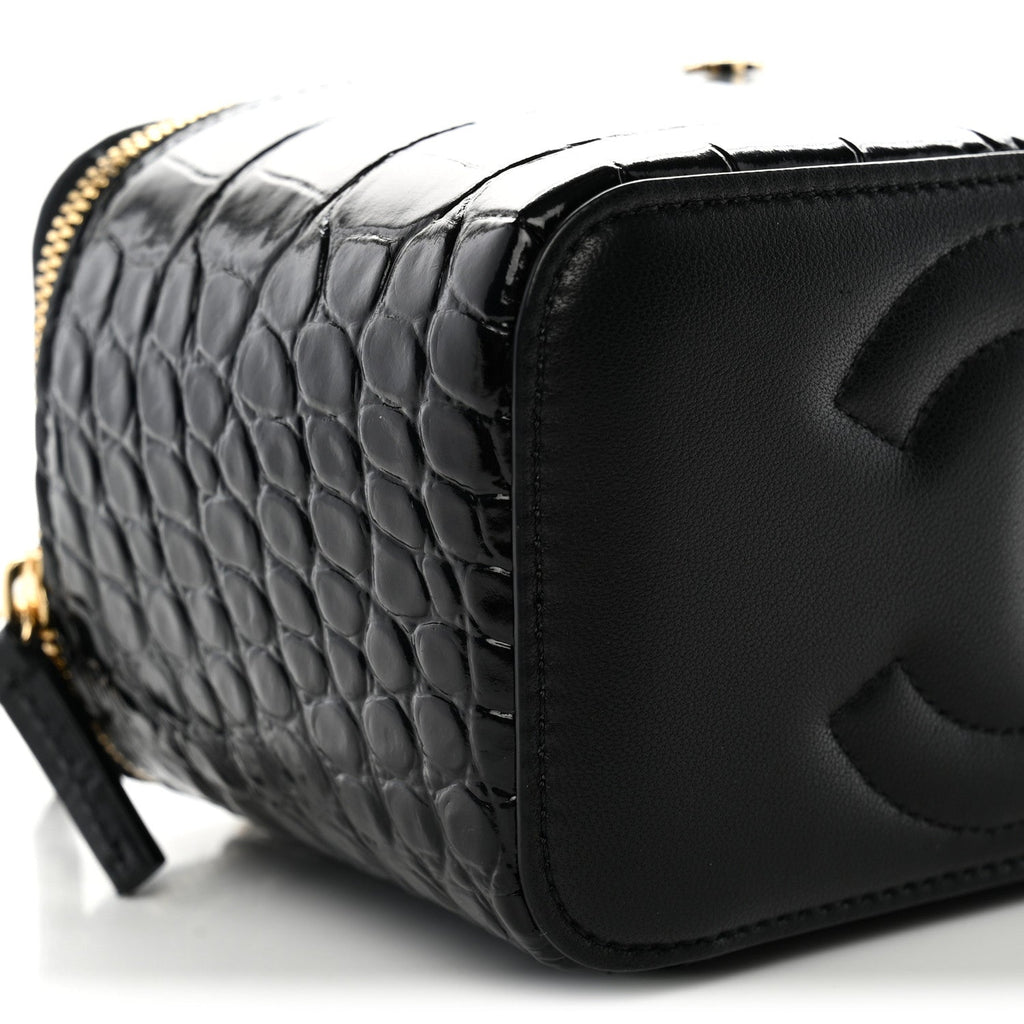Calfskin Crocodile Embossed Crococo Small Top Handle Vanity Case With Chain Black