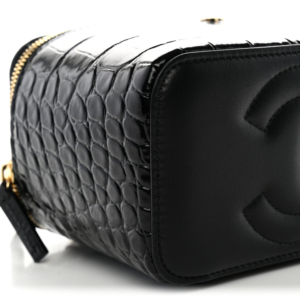 Calfskin Crocodile Embossed Crococo Small Top Handle Vanity Case With Chain Black