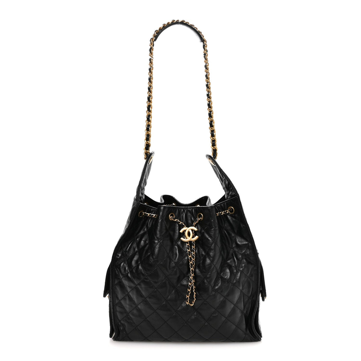 Shiny Crumpled Calfskin Quilted Medium Chanel 25 Handbag Black