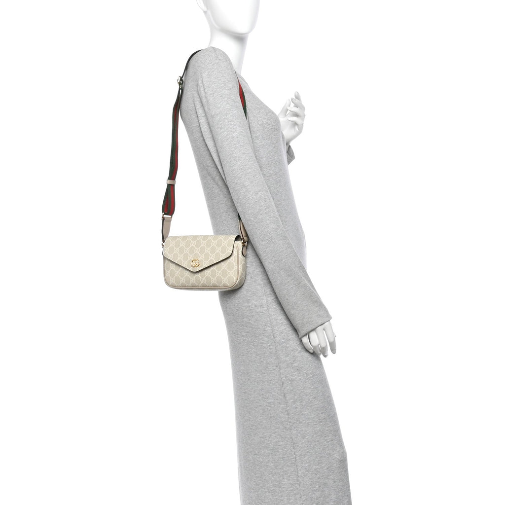 GG Supreme Monogram Textured Dollar Calfskin Web Mini Ophidia Envelope Shoulder Bag Beige Mystic White Oatmeal
