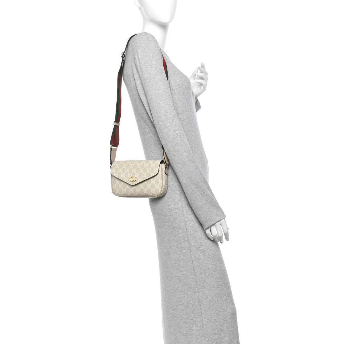 GG Supreme Monogram Textured Dollar Calfskin Web Mini Ophidia Envelope Shoulder Bag Beige Mystic White Oatmeal