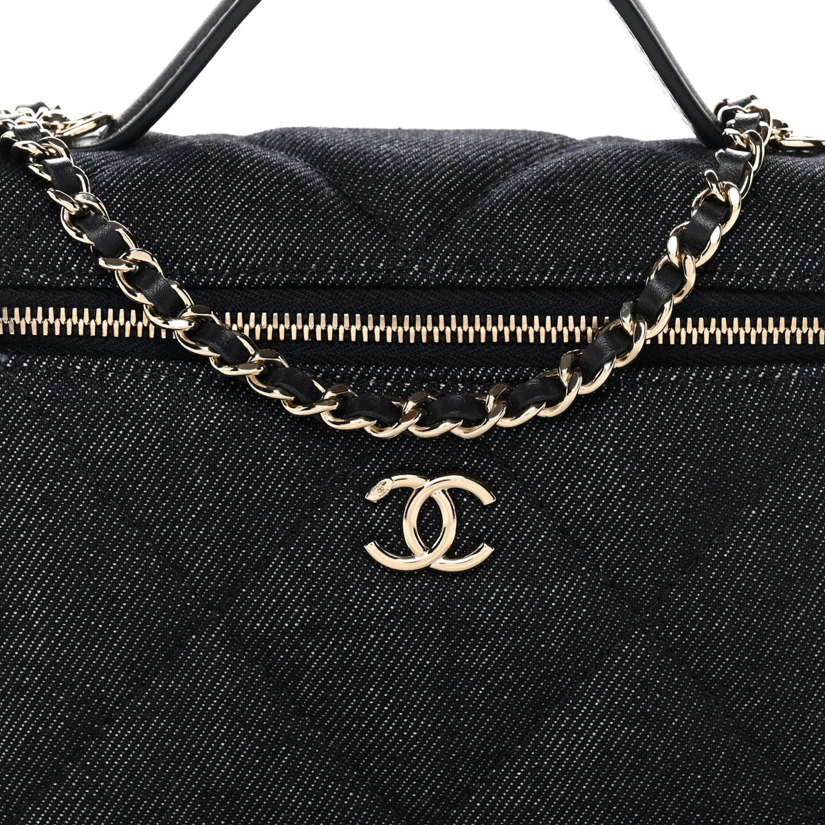 Denim Quilted Top Handle Slim Vanity Case With Chain Dark Blue