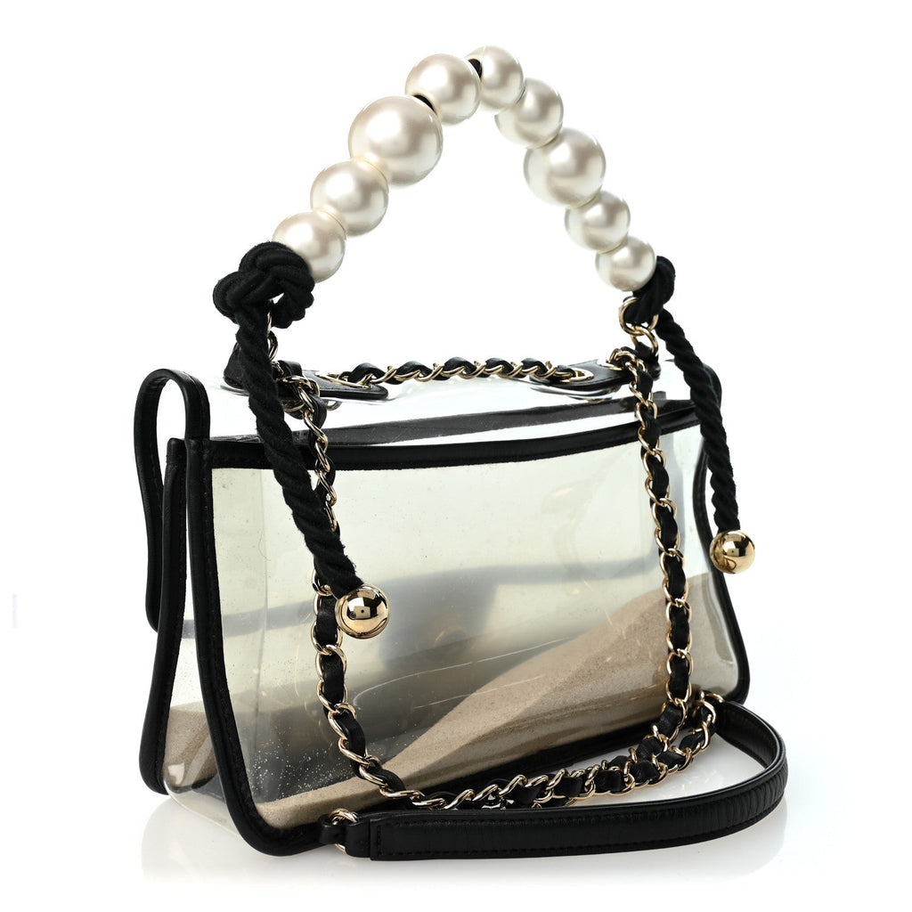Lambskin PVC Sand By The Sea Flap With Pearl Strap Black