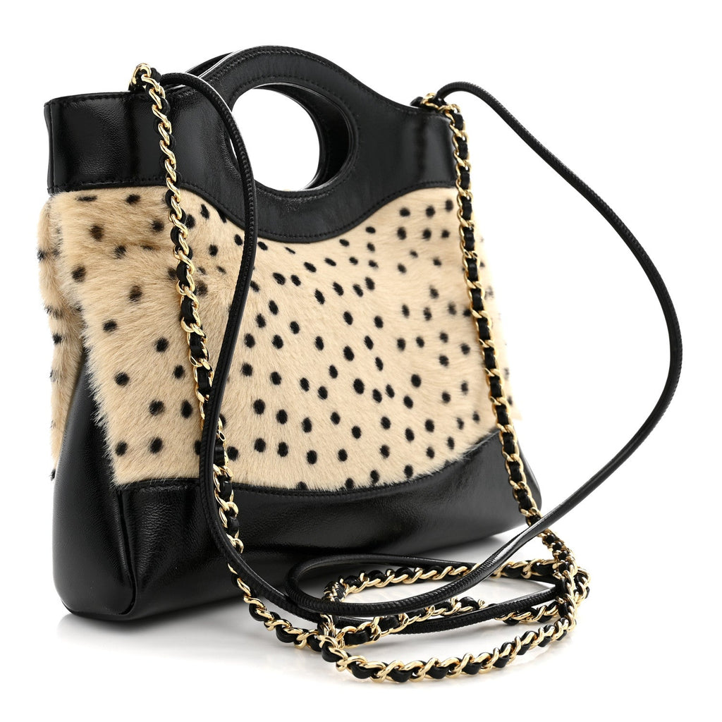 Shiny Lambskin Pony Hair Cheetah Printed Mini 31 Shopping Bag Light Beige Black