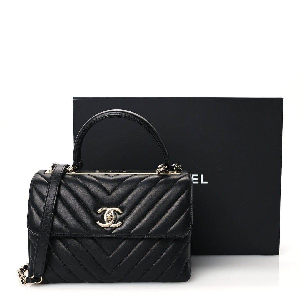 Lambskin Chevron Quilted Small Trendy CC Dual Handle Flap Bag Black