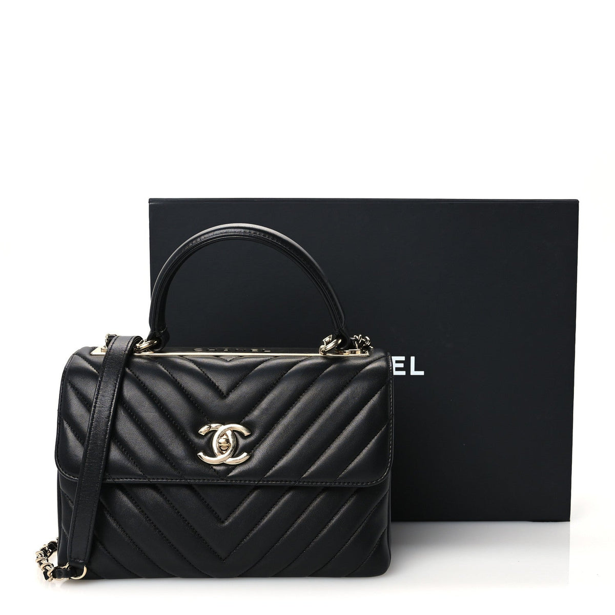 Lambskin Chevron Quilted Small Trendy CC Dual Handle Flap Bag Black