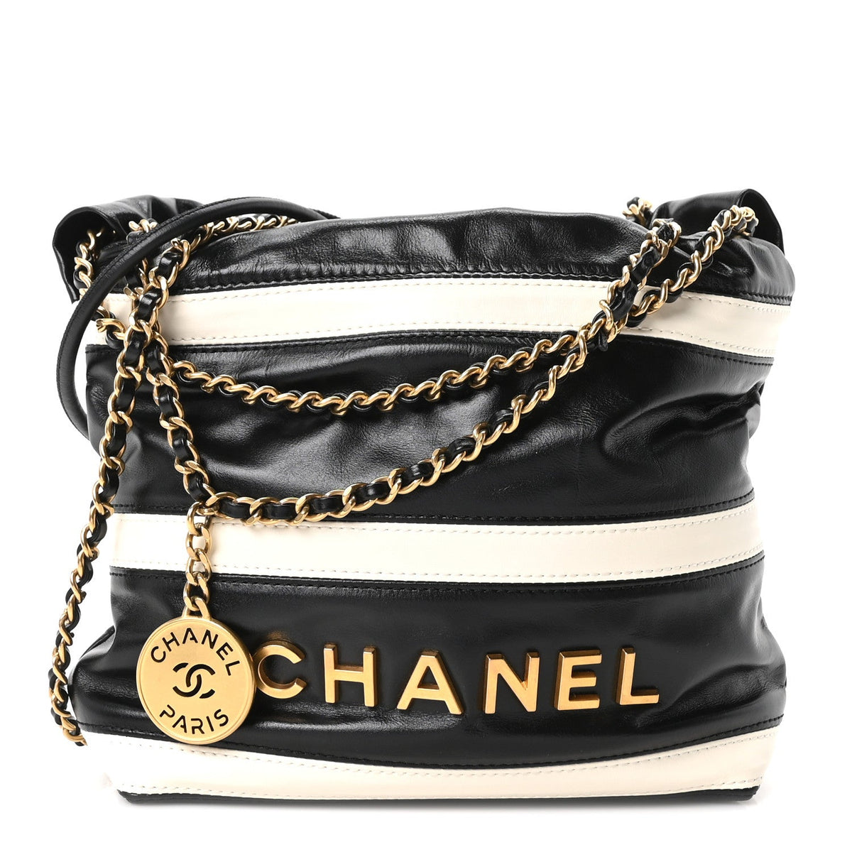 Shiny Calfskin Striped Mini Chanel 22 Black White