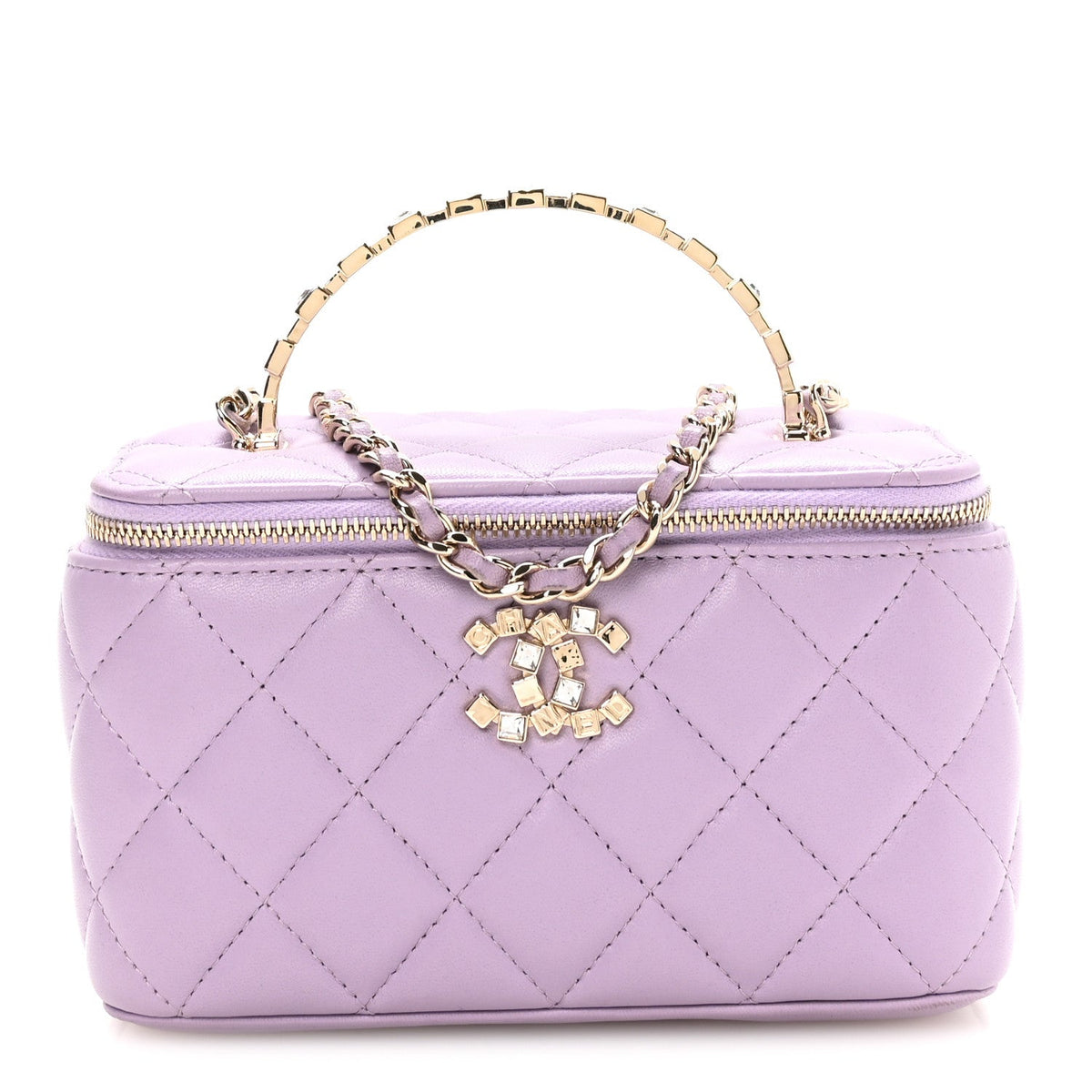 Lambskin Quilted Baguette Crystal Top Handle Vanity Case With Chain Purple