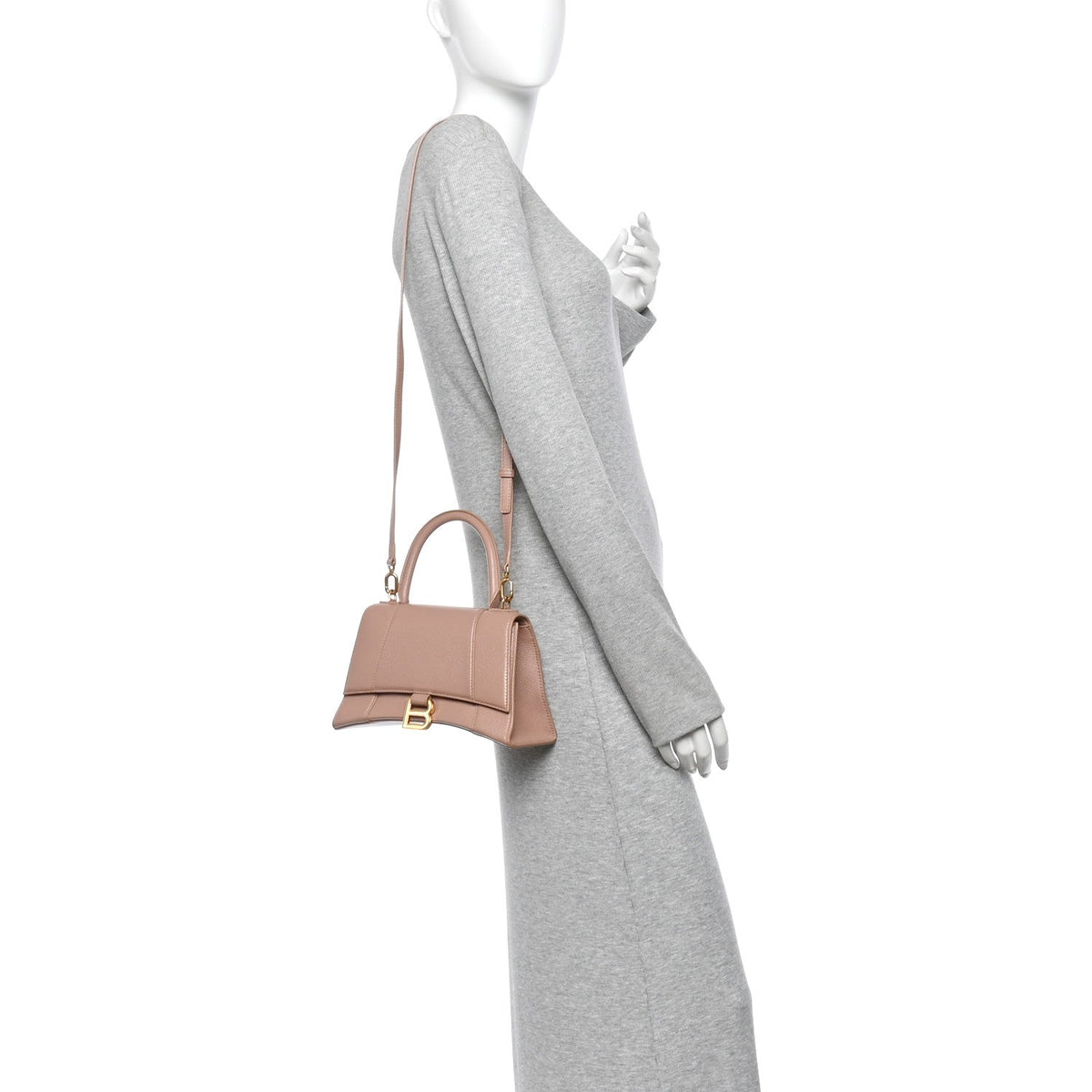 Grained Calfskin Small Hourglass Top Handle Bag Nude Beige