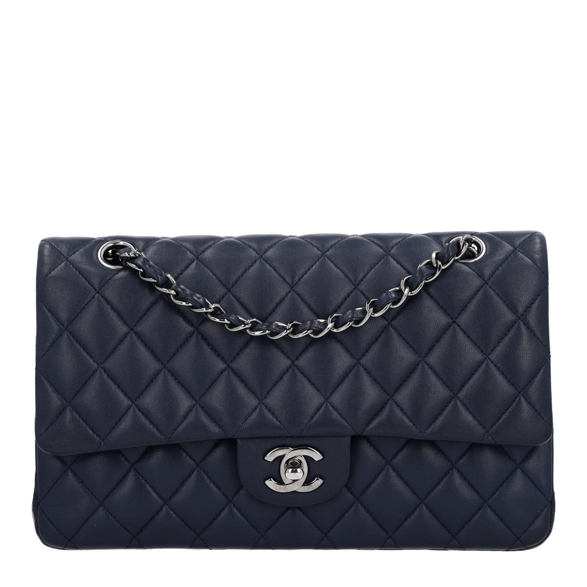 Lambskin Quilted Medium Double Flap Navy