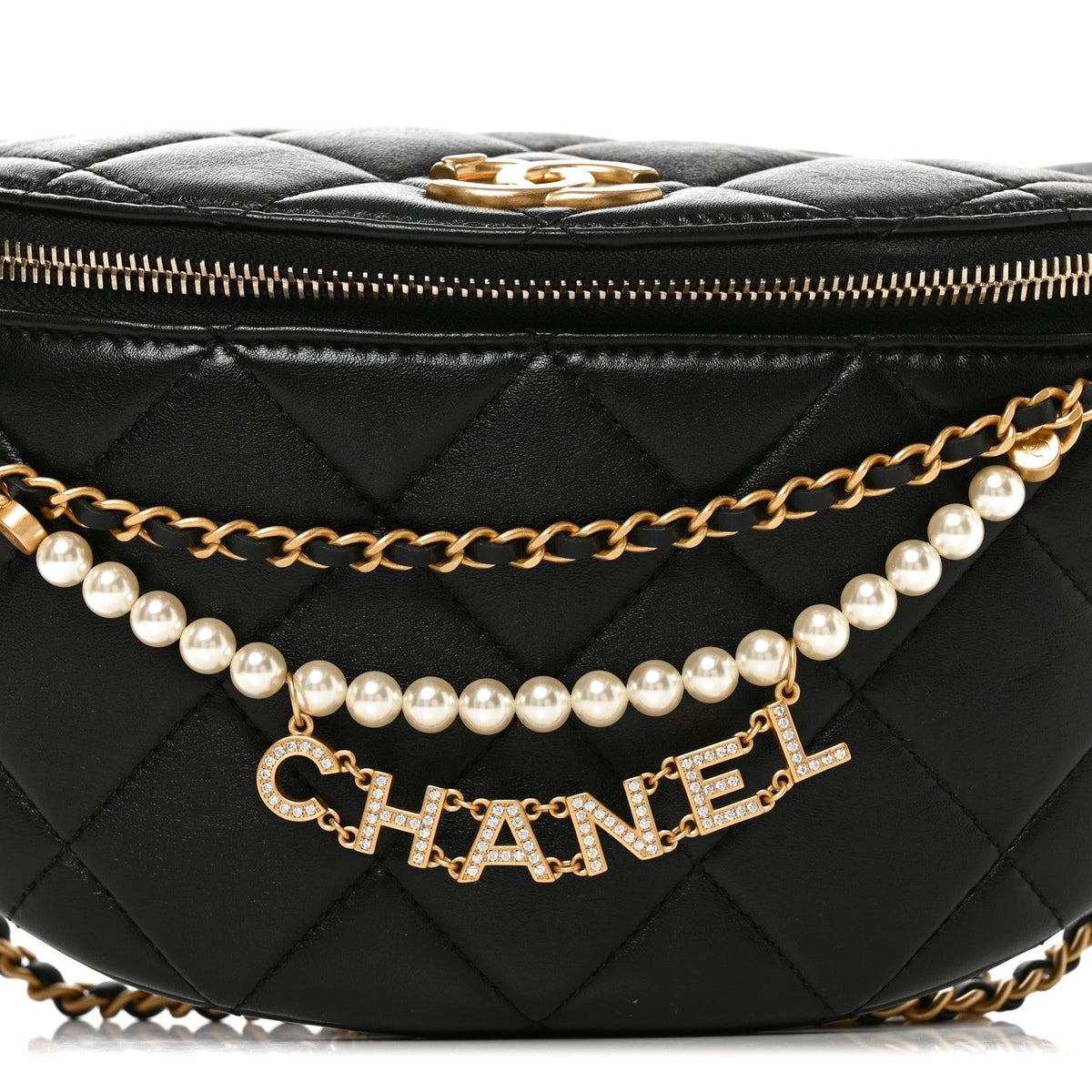 Shiny Lambskin Quilted Pearl Logo Waist Bag Black