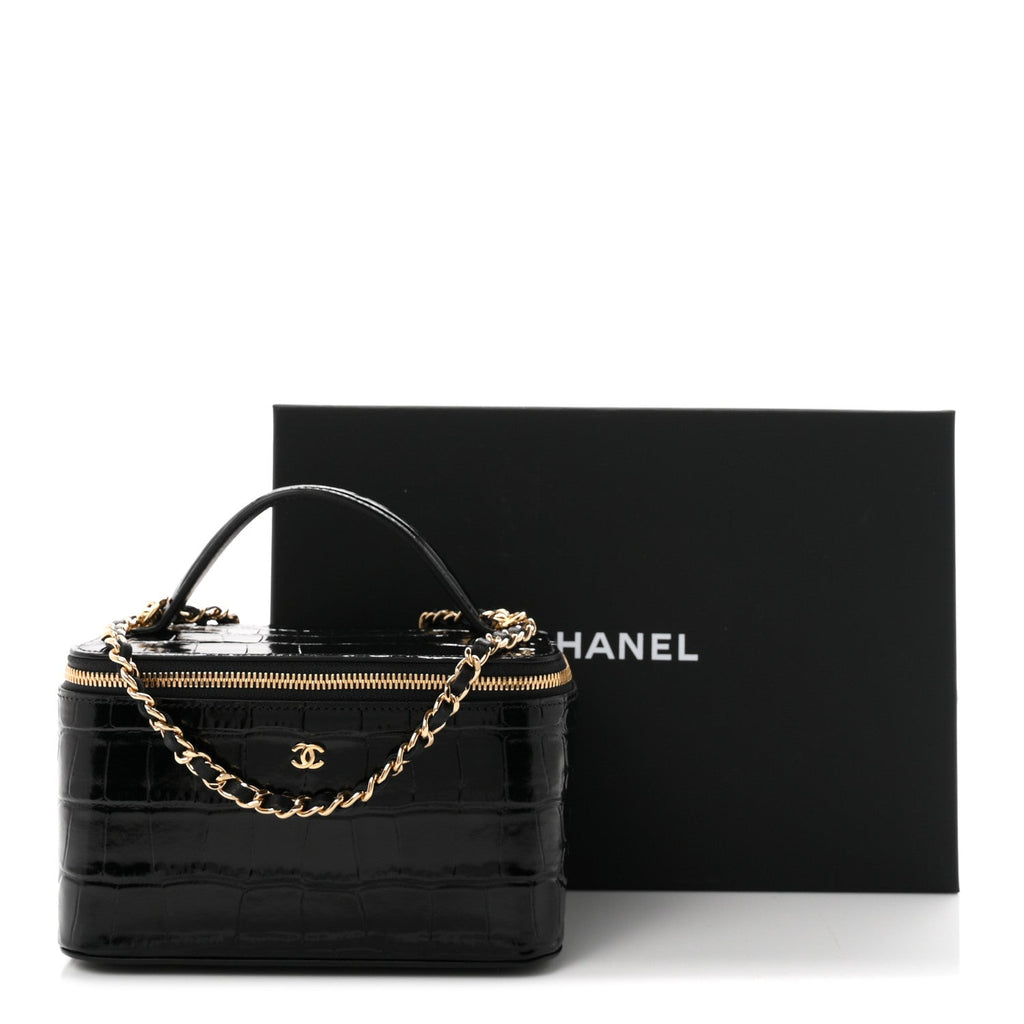 Calfskin Crocodile Embossed Crococo Small Top Handle Vanity Case With Chain Black