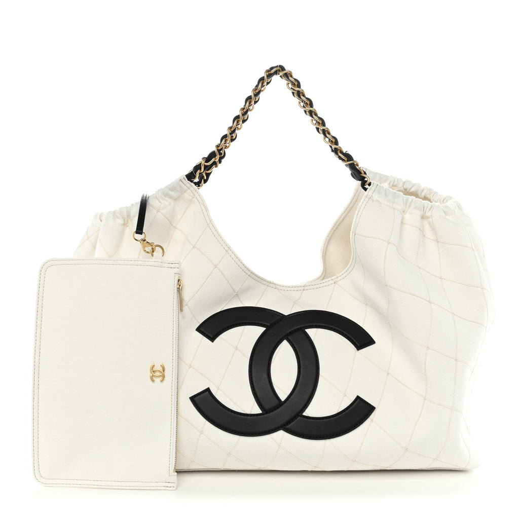 Denim Calfskin Quilted Coco Beach Small Shopping Tote White Black