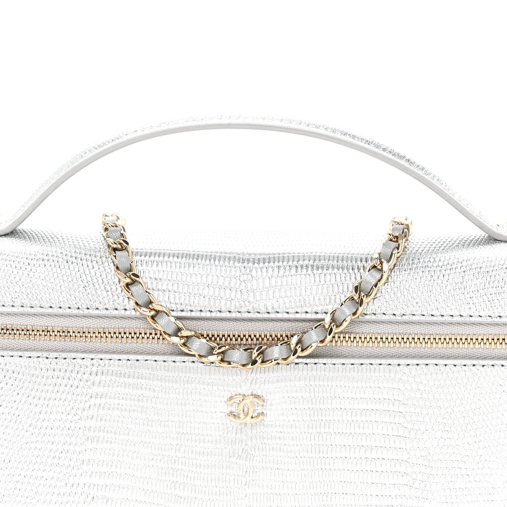 Lizard Embossed Calfskin Exoticoco Long Vanity With Chain Silvery