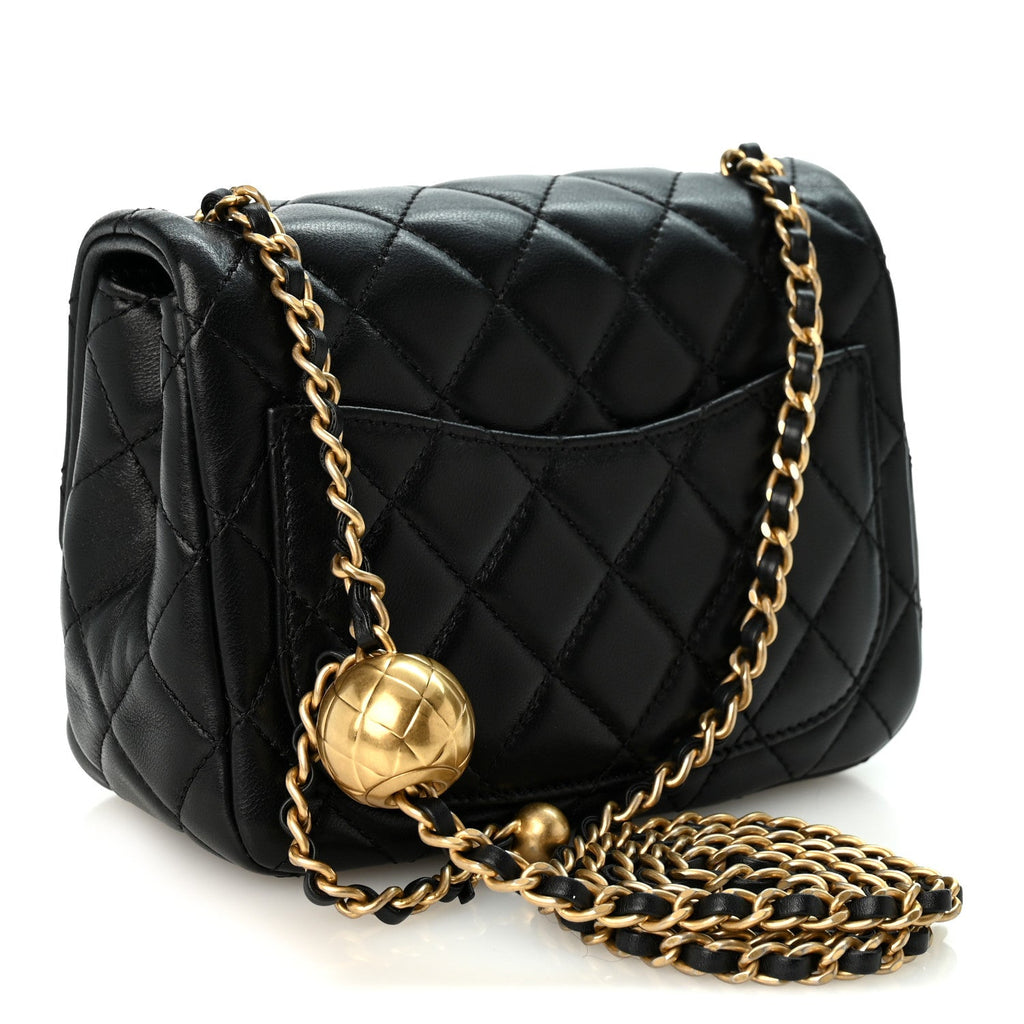 Lambskin Quilted Mini Pearl Crush Flap Black