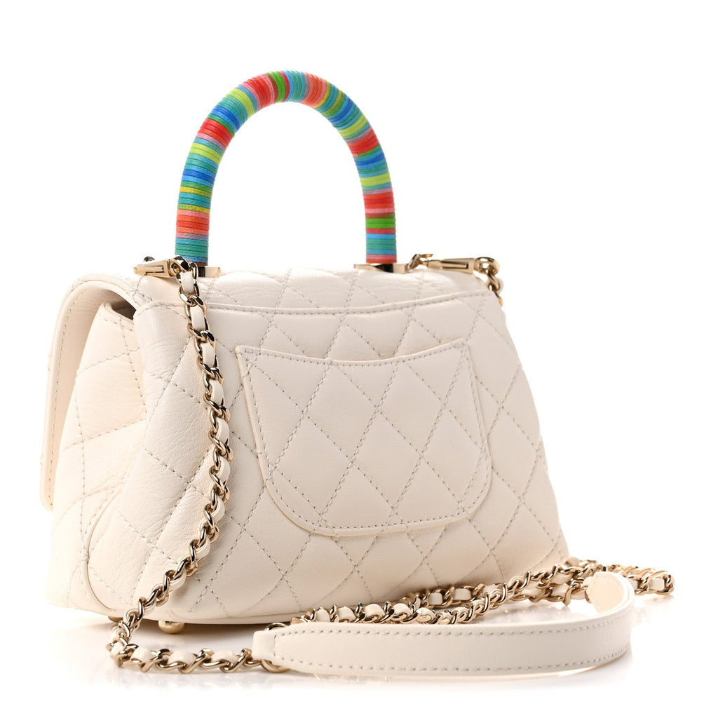 Goatskin Quilted Extra Mini Rainbow Coco Handle Flap White