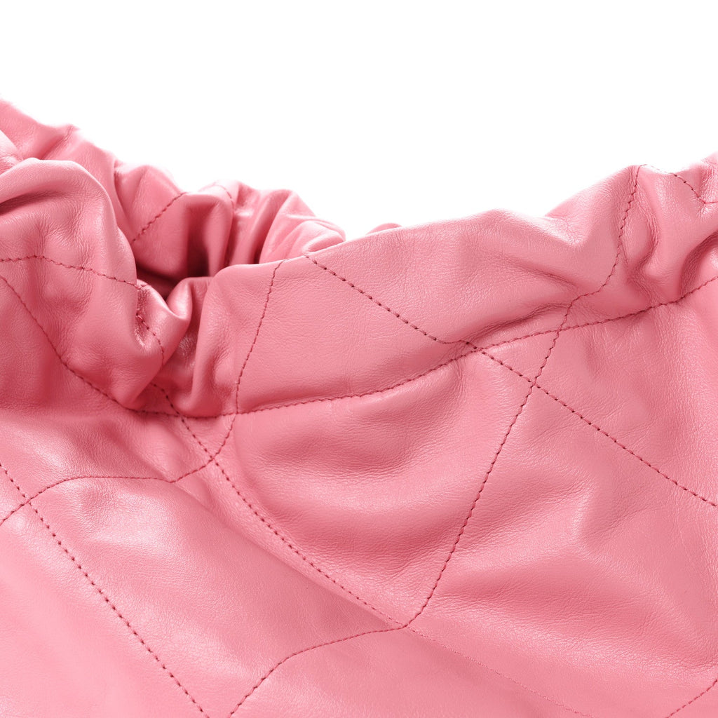 Shiny Calfskin Quilted Chanel 22 Drawstring Bag Pink