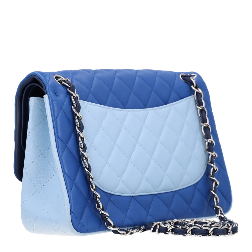 Lambskin Quilted Tri-Color Jumbo Double Flap Blue