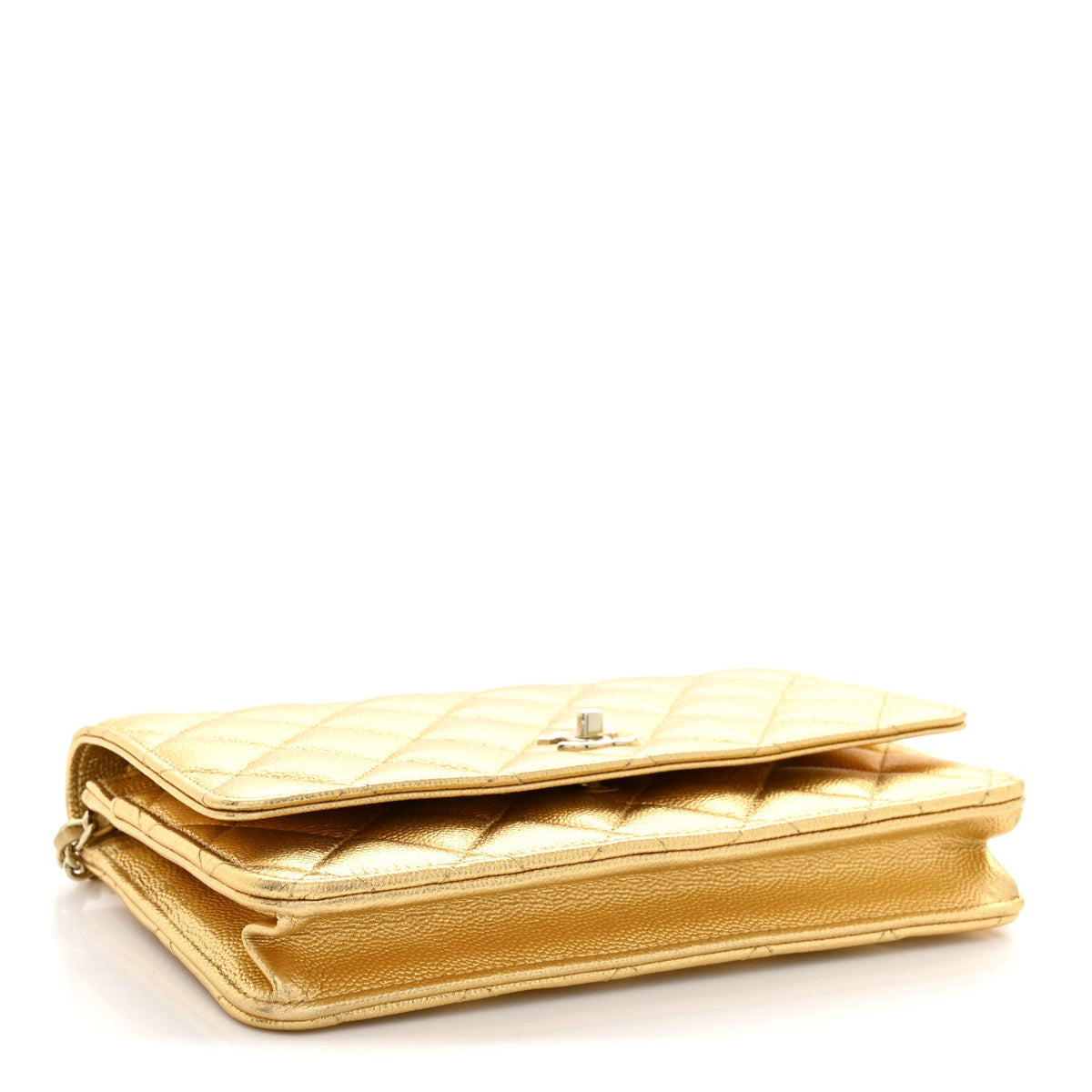 Metallic Caviar Quilted CC Turnlock Wallet On Chain WOC Gold