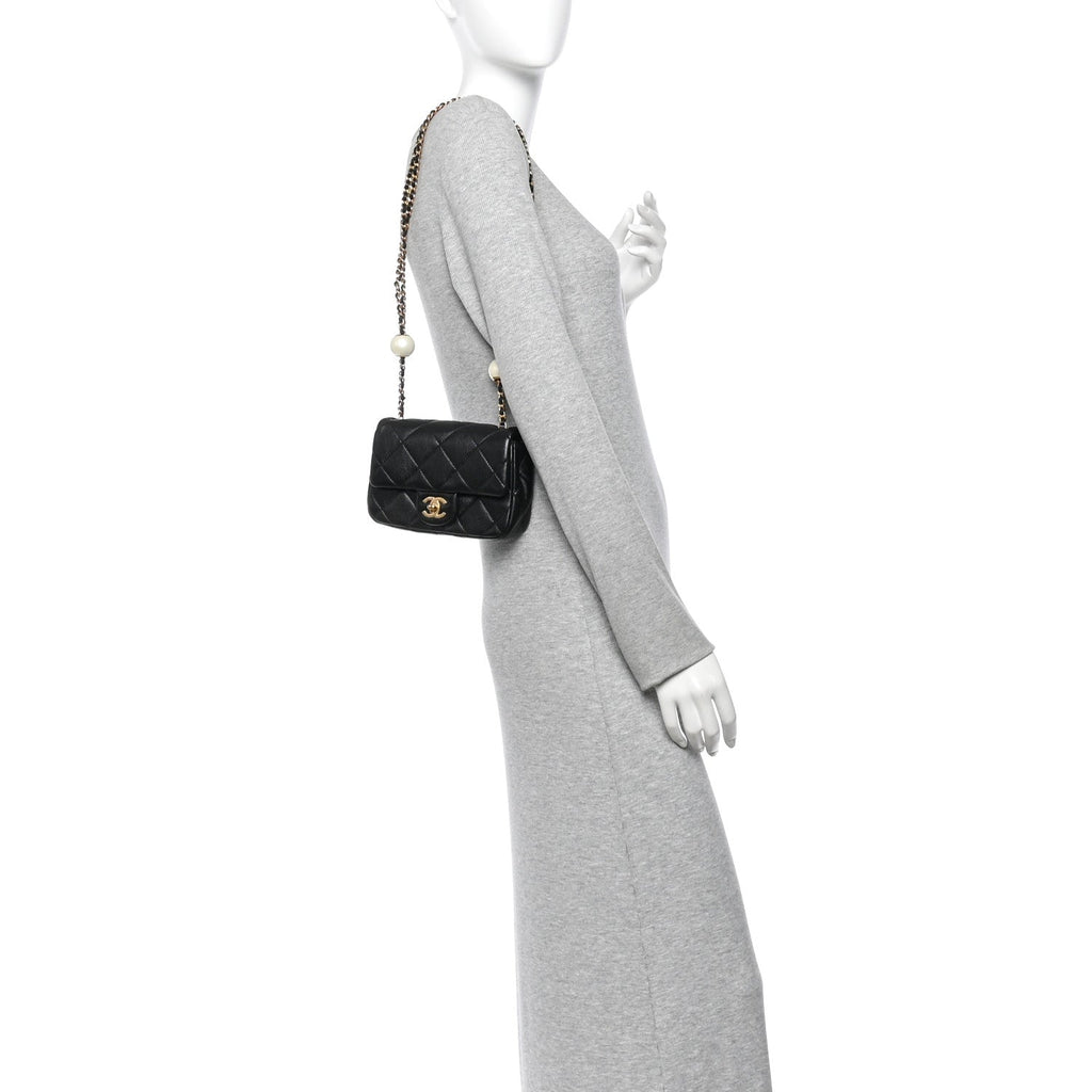 Lambskin Quilted Pearl Mini Flap Black