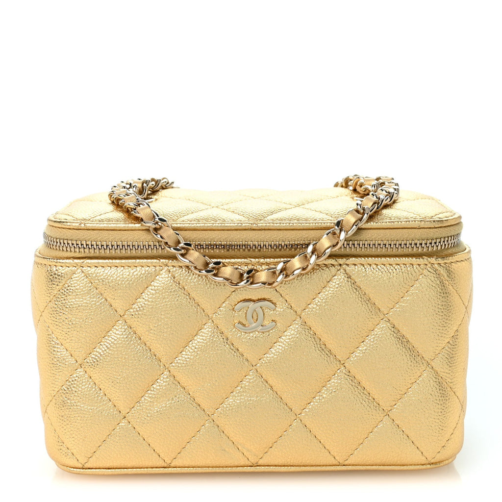Metallic Caviar Quilted Small Vanity Case With Chain Gold