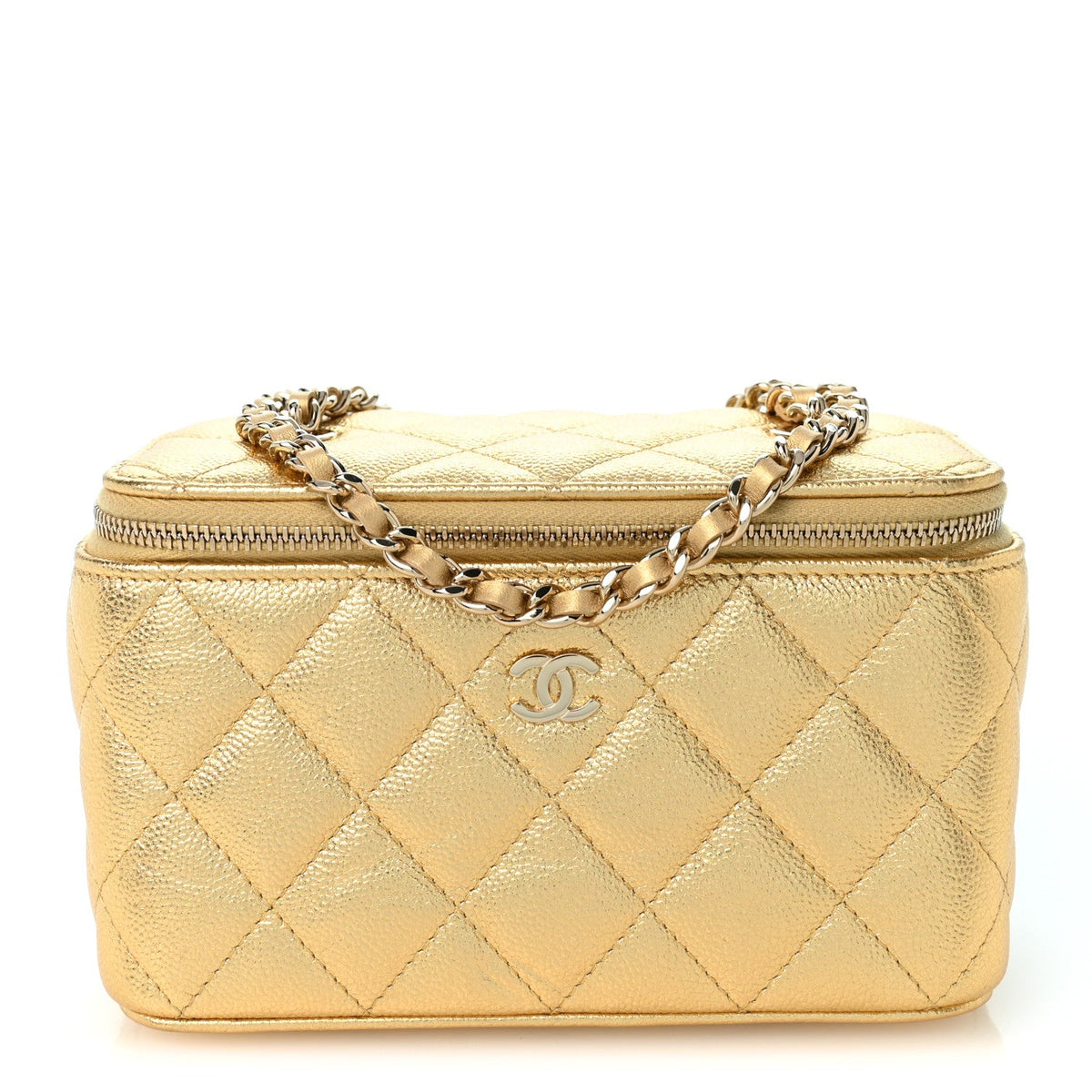 Metallic Caviar Quilted Small Vanity Case With Chain Gold