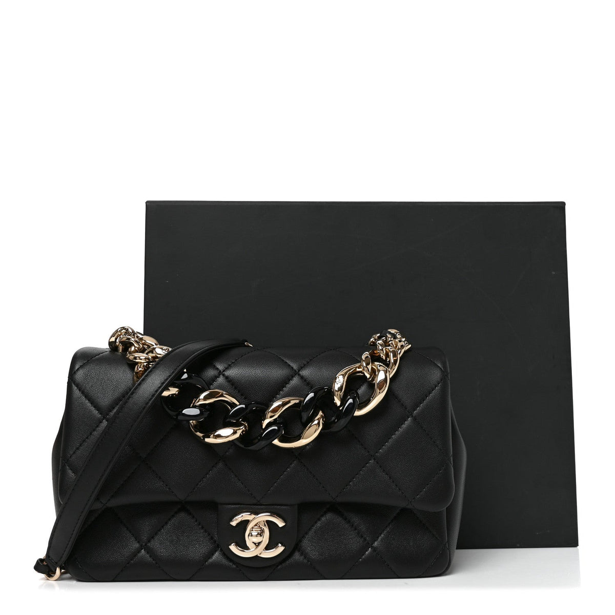 Lambskin Quilted Resin Bi-Color Chain Flap Bag Black