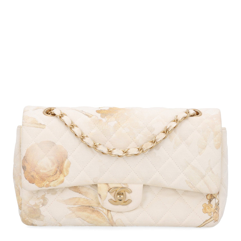 Denim Floral Printed Medium Double Flap Beige