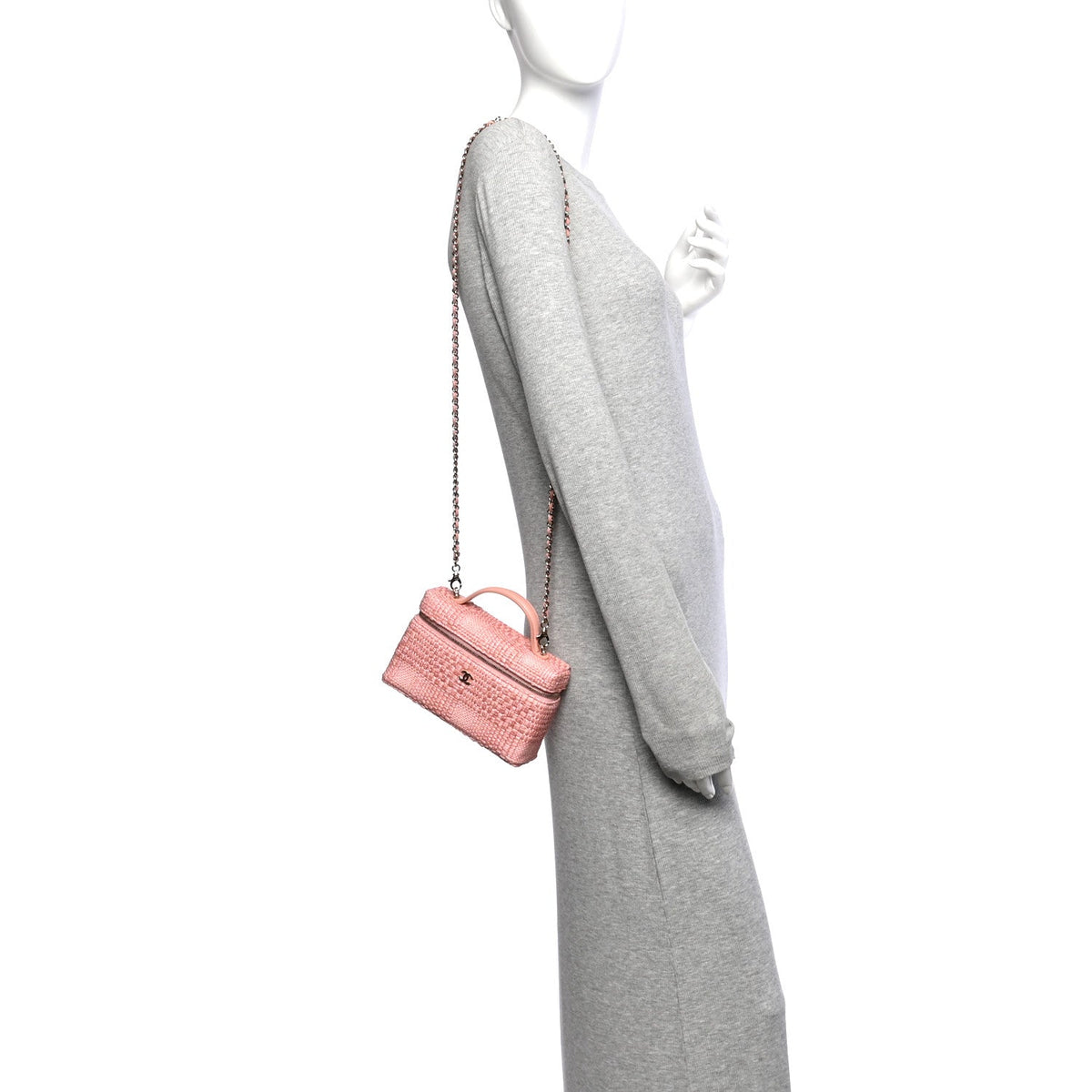 Braided Raffia Quilted Top Handle Slim Vanity Case With Chain Light Pink