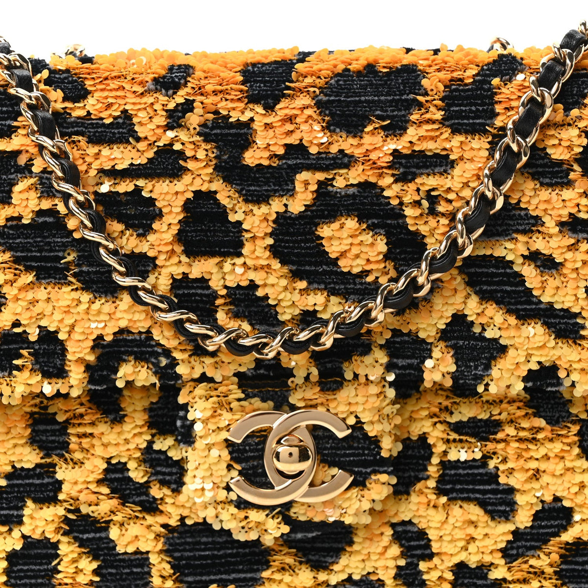 Sequin Mixed Fibers Leopard Print Mini Rectangular Flap Black Orange