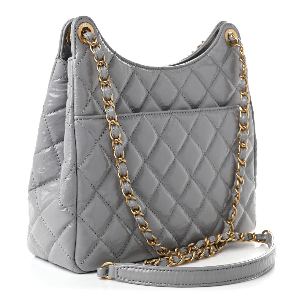Shiny Crumpled Calfskin Quilted Wavy CC Hobo Grey