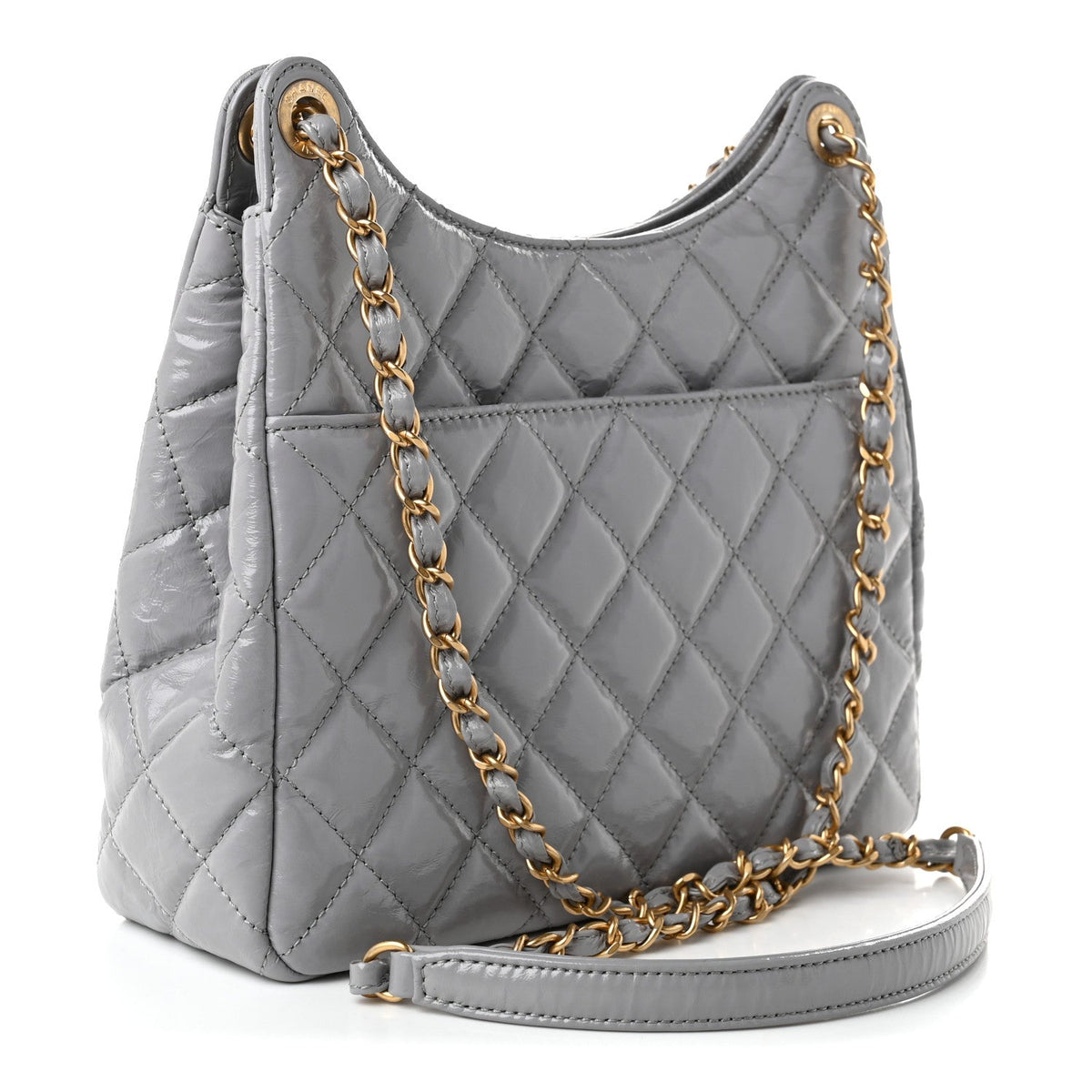 Shiny Crumpled Calfskin Quilted Wavy CC Hobo Grey