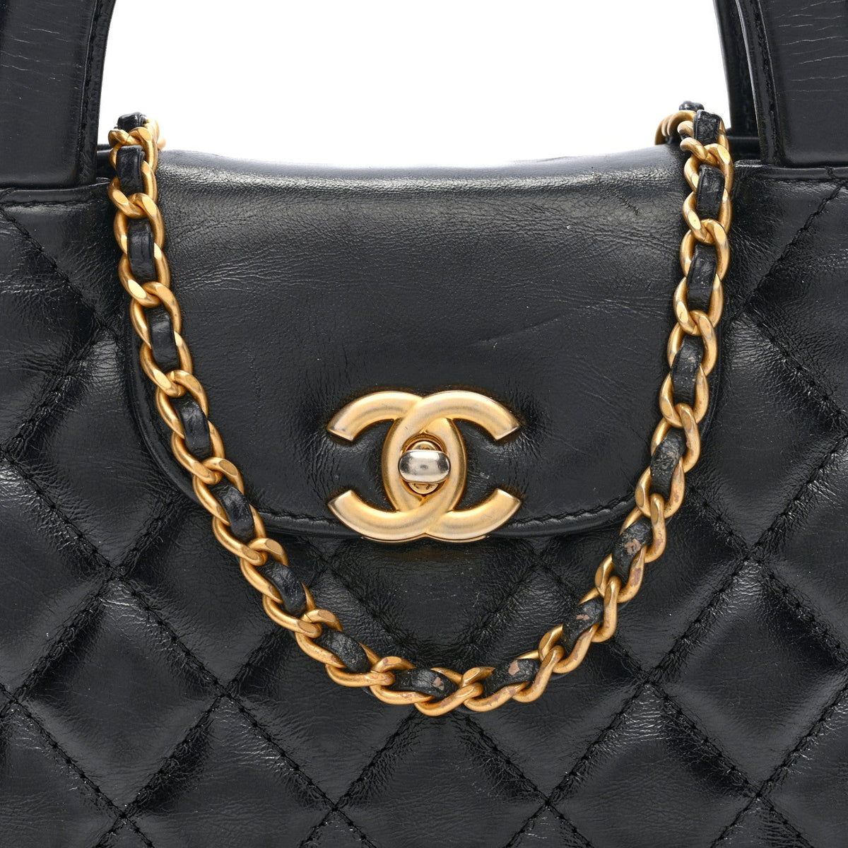 Shiny Aged Calfskin Quilted Mini Kelly Shopper Black