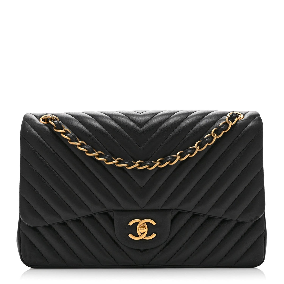 Lambskin Chevron Quilted Jumbo Double Flap Black