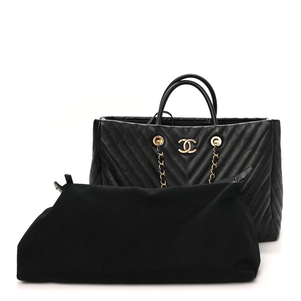 Caviar Chevron Quilted Coco Handle Shopping Tote Black