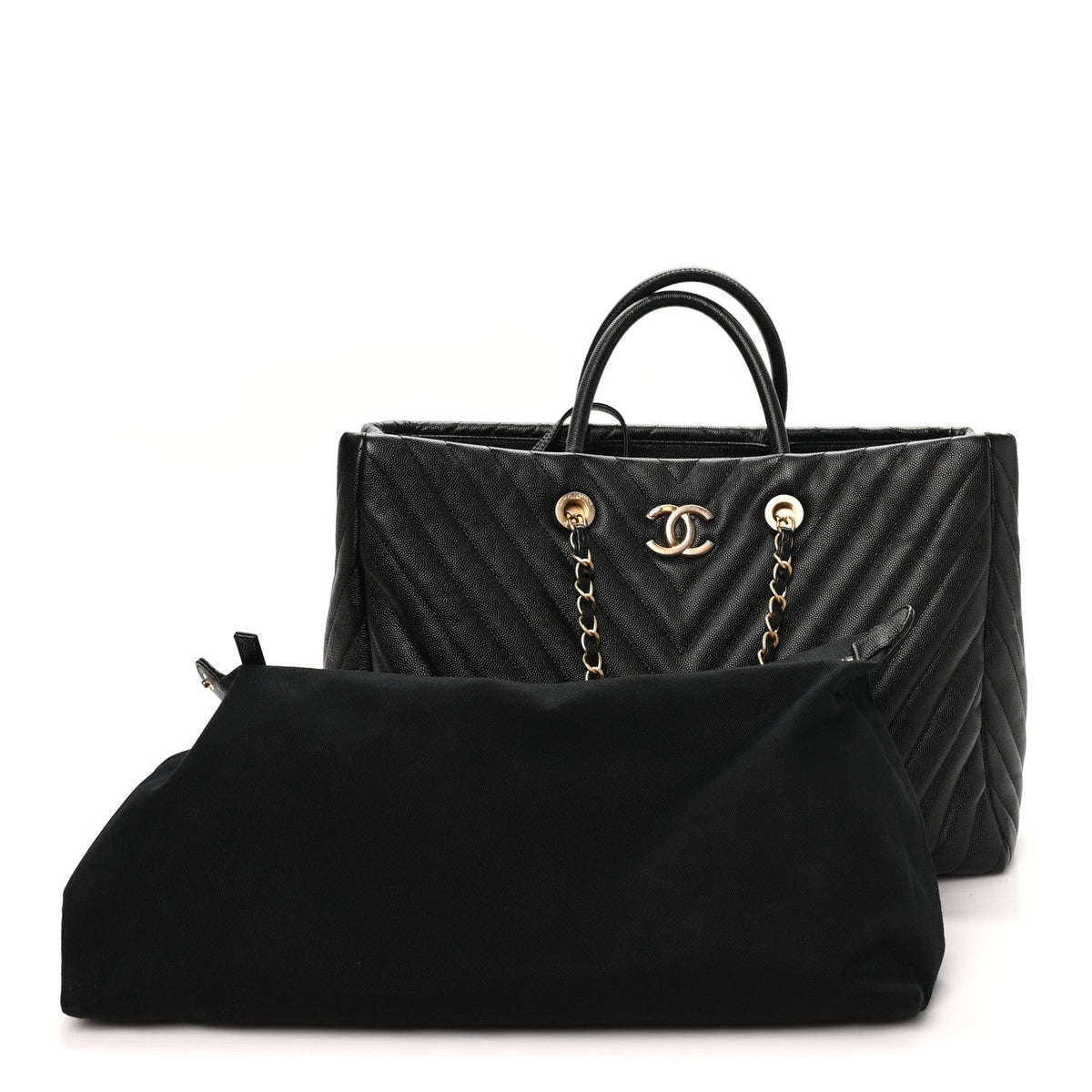Caviar Chevron Quilted Coco Handle Shopping Tote Black