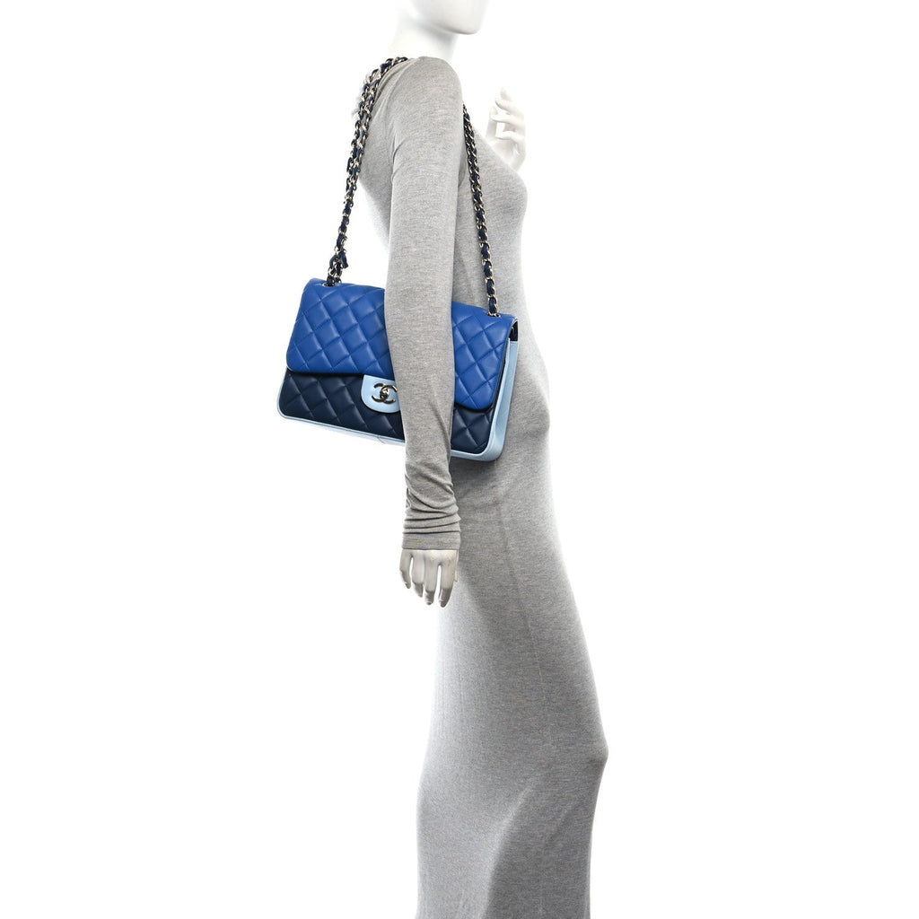 Lambskin Quilted Tri-Color Jumbo Double Flap Blue