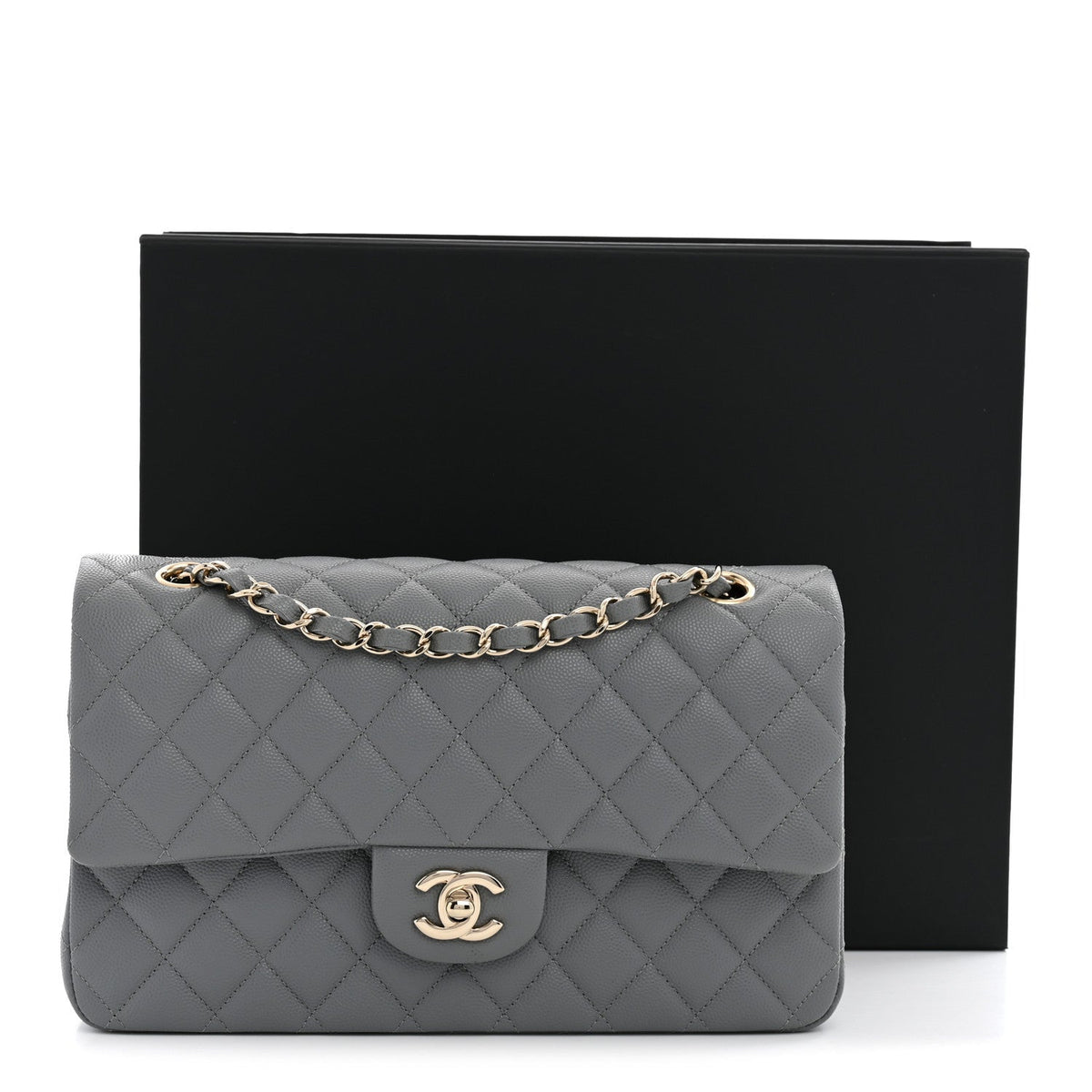 Caviar Quilted Medium Double Flap Grey