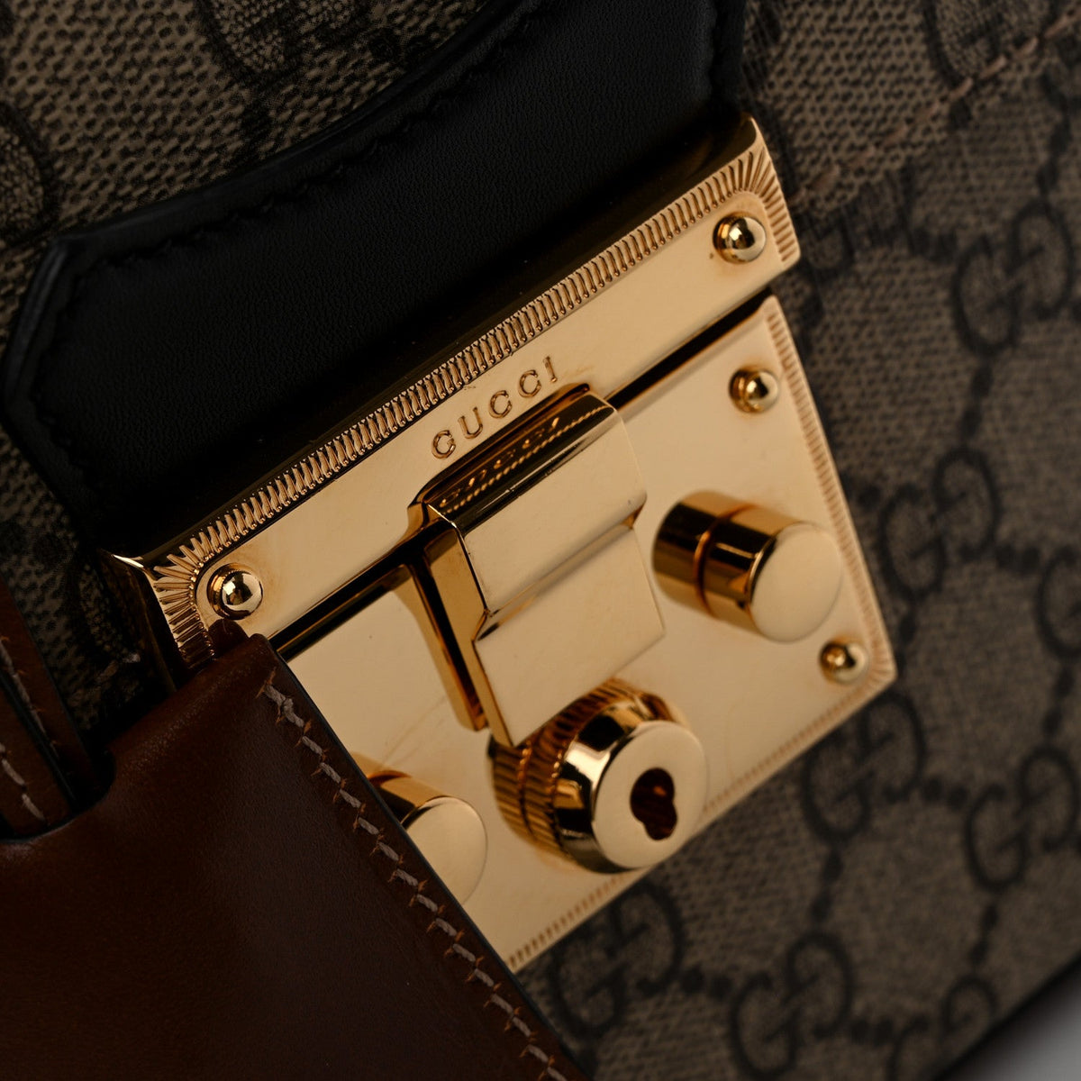 GG Supreme Monogram Small Padlock Bamboo Shoulder Bag Beige Black Cuir