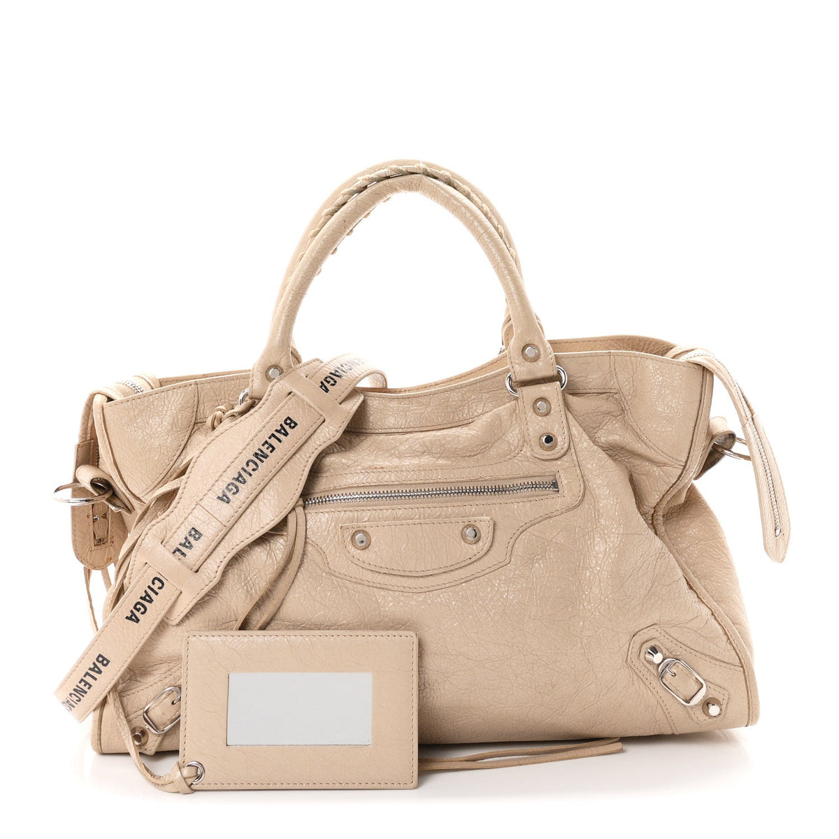 Agneau Classic Silver Hardware City Logo Strap Light Beige Black