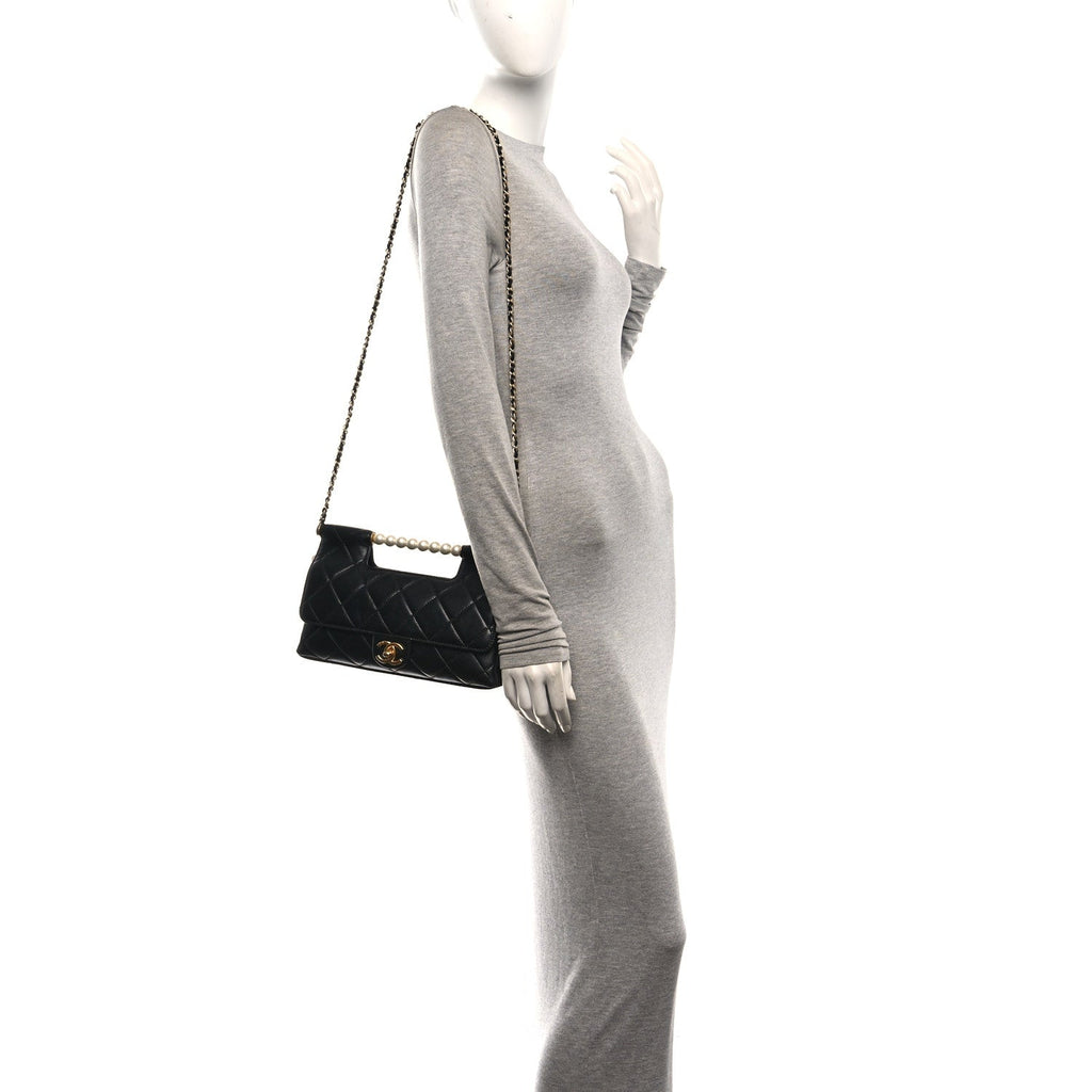 Shiny Lambskin Pearl Top Handle Flap Shopping Bag Black