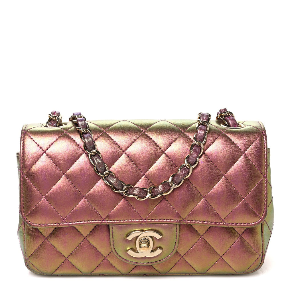 Iridescent Lambskin Quilted Mini Rectangular Flap Purple