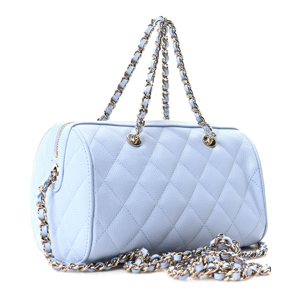 Caviar Quilted Barrel Clutch With Chain Light Blue
