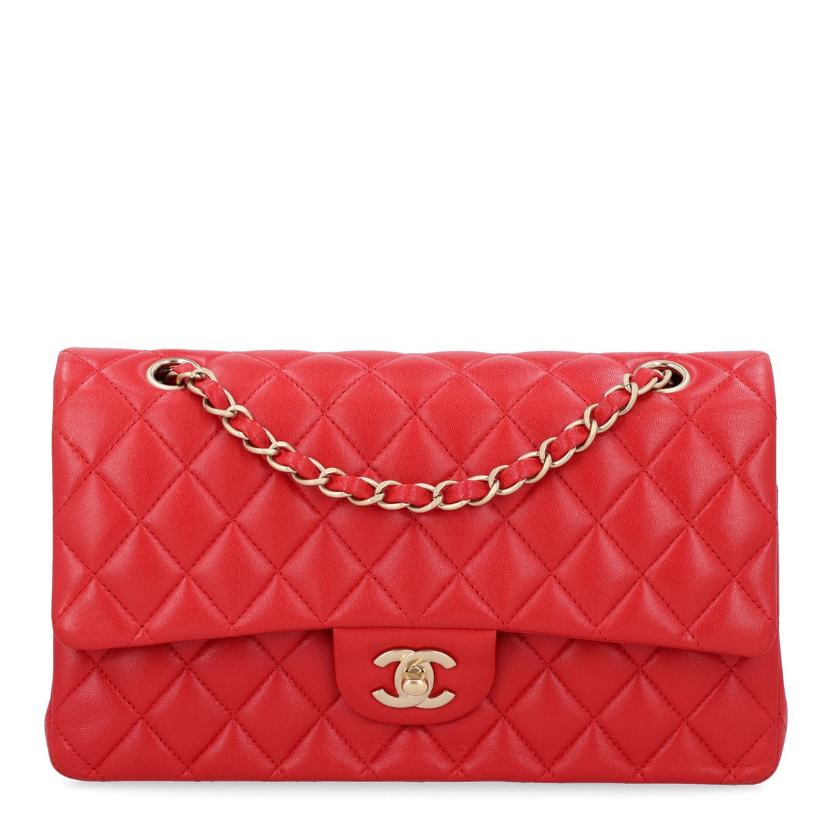 Lambskin Quilted Medium Double Flap Red