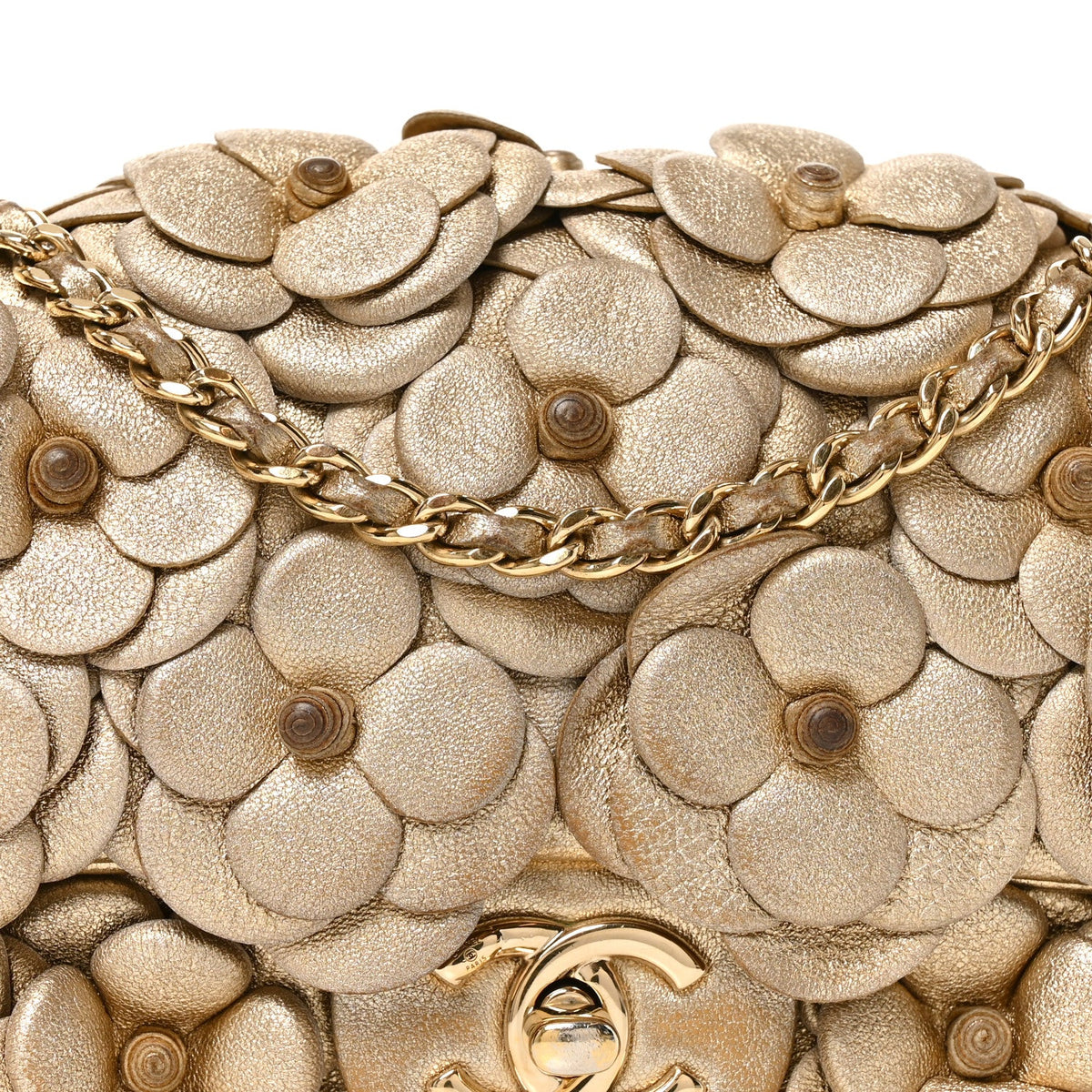 Metallic Lambskin Quilted Mini Camellia Flap Gold