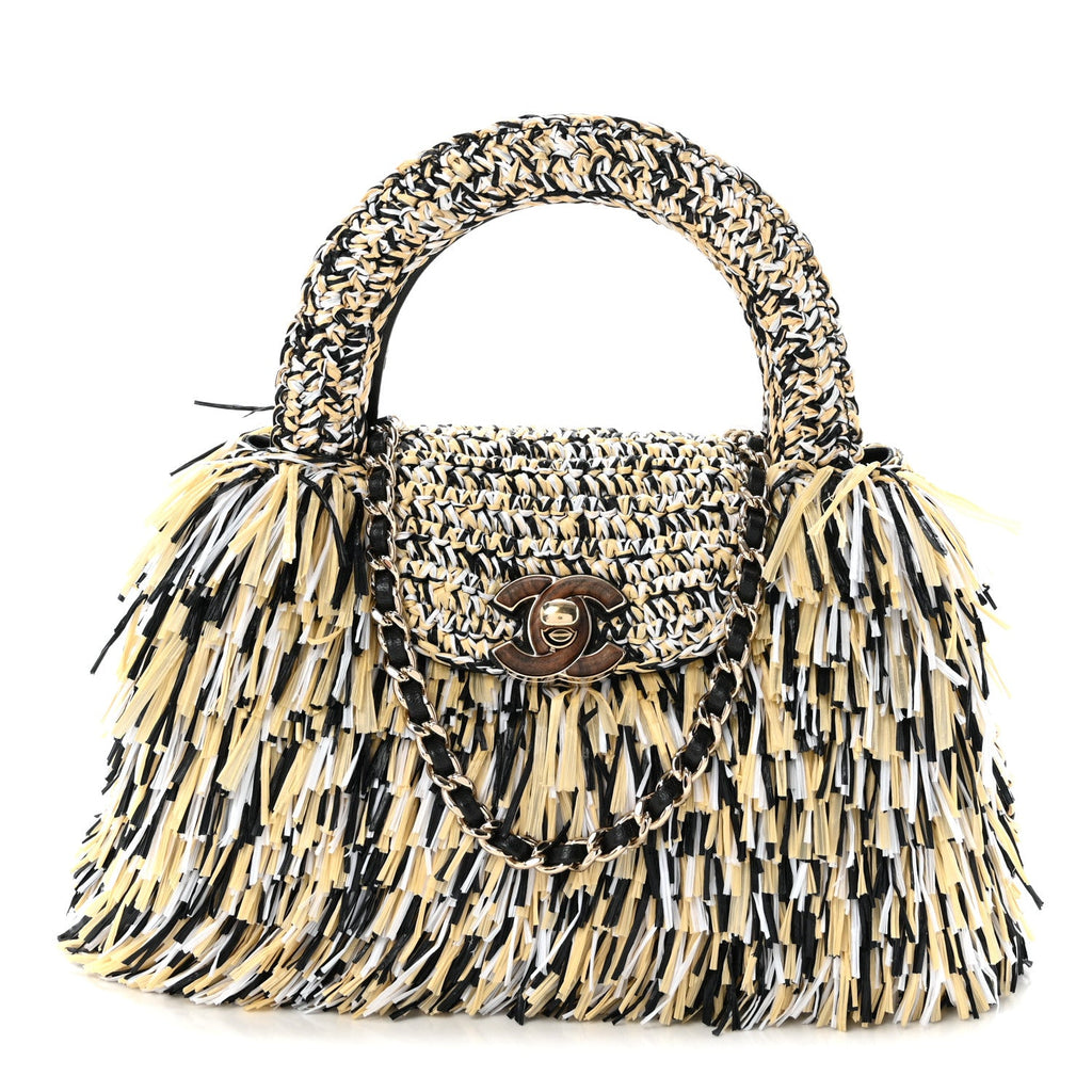 Raffia Fringe Nano Kelly Shopper Yellow Beige Black