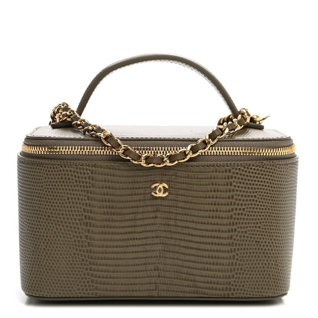 Calfskin Lizard Embossed Top Handle Vanity With Chain  Dark Khaki