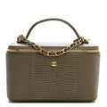 Calfskin Lizard Embossed Top Handle Vanity With Chain  Dark Khaki