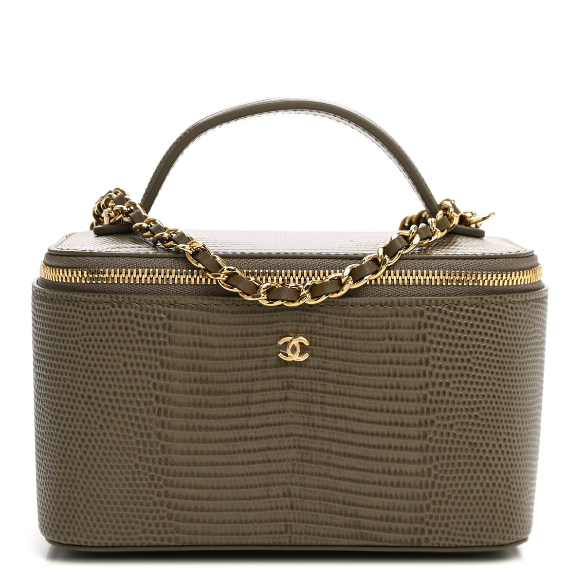 Calfskin Lizard Embossed Top Handle Vanity With Chain  Dark Khaki