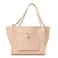 Caviar Stitched Pocket CC Large Tote Light Beige